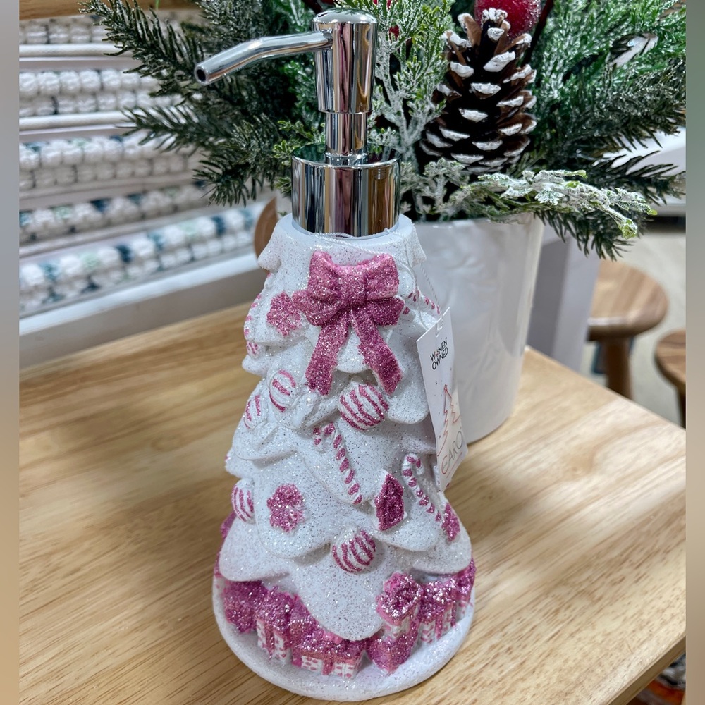 Pink Christmas Bow Ribbon Coquette Glitter Christmas Tree Soap Dispenser NWT